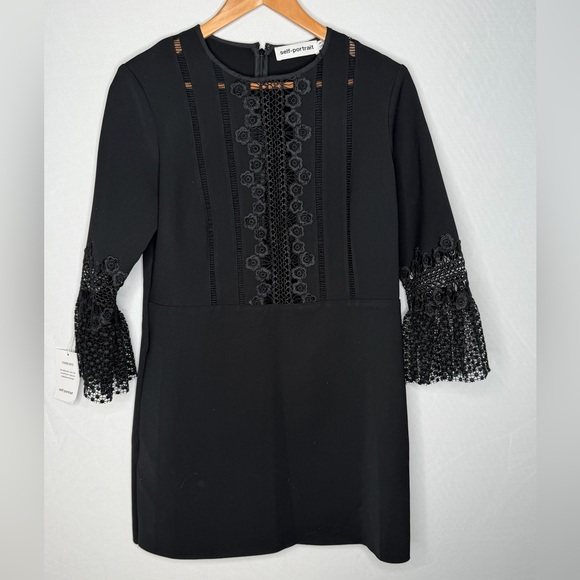 NWT! Self-Portrait Black Lace Insert Bell Sleeve Shift Dress. Size 10. - Picture 7 of 14